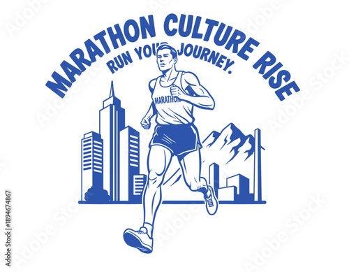 Marathon culture rise run your journey. Running club t shirt design. Marathon artwork for apparel, poster, sticker. Runner silhouette running in city
