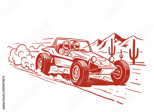Desert off road racing vector artwork. Vintage dune buggy illustration. Retro buggy driving in the desert. Fast offroad extreme adventure sport. Graph