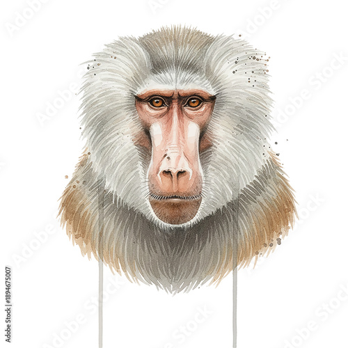 Watercolor baboon portrait with serious brown eyes and textured fur looking directly forward on white