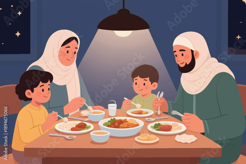 Family sharing traditional meal at night under warm lamp, with stars outside and cozy indoor setting.