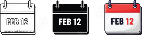 Three different color variations of february 12th calendar page