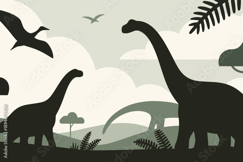 Sauropod dinosaurs and flying pterosaurs in prehistoric landscape with hills, trees, and ancient foliage.