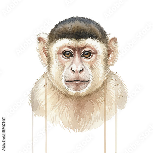 White-faced capuchin monkey portrait with a calm expression looking forward watercolor painting style