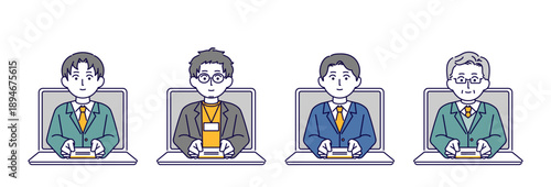 パソコンのオンラインで名刺交換をする男性ビジネスマンのイラスト素材