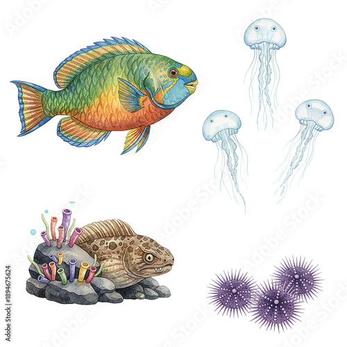 Vibrant Watercolor Illustration of Diverse Marine Life Featuring Colorful Fish Jellyfish Moray Eel and Sea Urchins