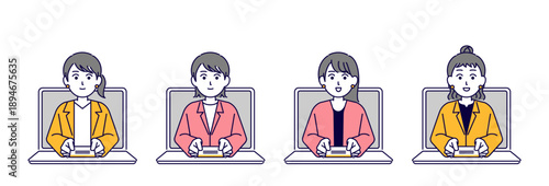 パソコンのオンラインで名刺交換をする女性ビジネスマンのイラスト素材