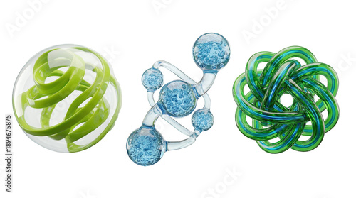 Set of abstract 3D shapes featuring glass spheres, molecular structures and knotted ribbons in lime and blue style
