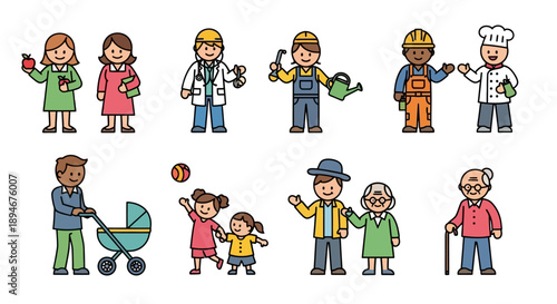 Diverse Group of Cartoon People Representing Different Professions and Ages.