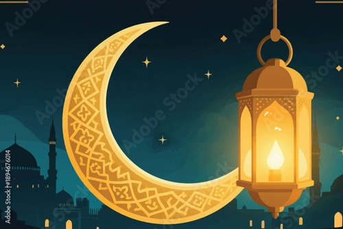 Golden crescent moon with glowing lantern and mosque silhouette under starry blue night sky in Islamic festive scene.