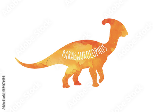 Playful orange and yellow watercolor Parasaurolophus dinosaur illustration with its name on white