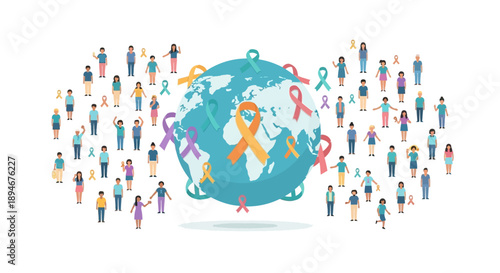 Global health awareness and community support illustration with diverse people surrounding Earth, united by colorful ribbons symbolizing solidarity for various causes worldwide