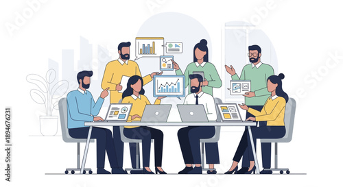 Diverse business team collaborating on project strategy, analyzing financial data, and discussing market insights in a dynamic modern office meeting, fostering innovation and growth