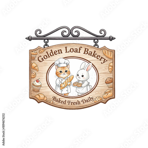 Golden Loaf Bakery shop sign with cheerful cat and rabbit bakers holding various fresh baked goods