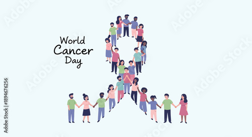 Global community coming together to form a symbolic ribbon, celebrating World Cancer Day with unity, support, and hope for a cancer-free future