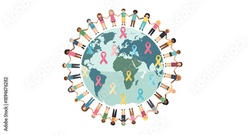 Diverse group of people holding hands around a globe with awareness ribbons, symbolizing global unity and support for various causes