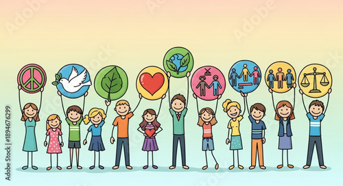 Diverse group of children holding symbols of peace and equality.