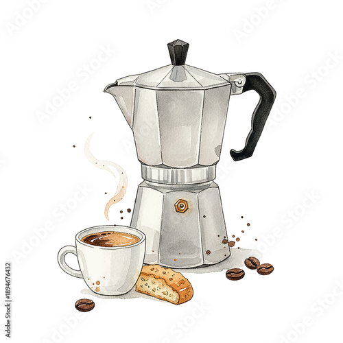 Freshly brewed coffee from a moka pot with a steaming cup biscotti and coffee beans in a detailed watercolor illustration