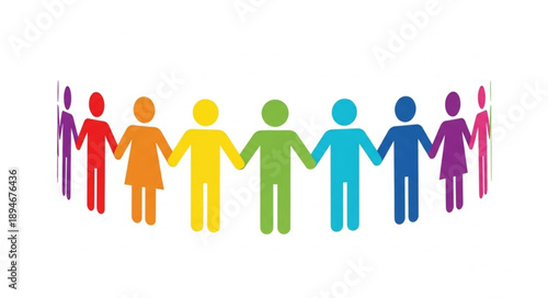 Diverse group of colorful people holding hands in a circle.