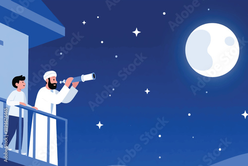 Two figures stargazing from balcony at night, one using telescope to observe moon under starry sky in traditional attire.