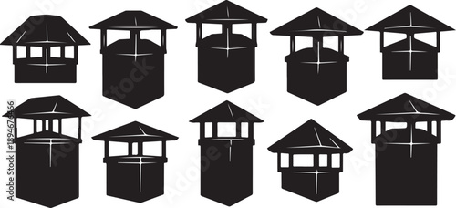 Set of black silhouettes of watchtowers on white background
