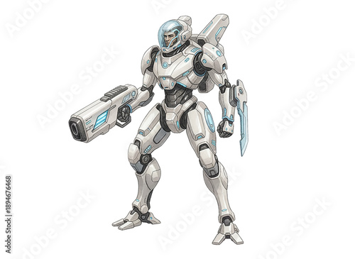 Determined Male Figure in Futuristic White and Blue Armor Suit Holding a Large Weapon Ready for Action
