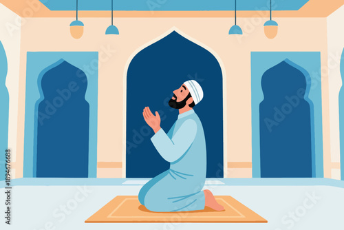 Man kneeling in prayer on orange mat inside mosque with arched architecture and hanging lights in serene setting.
