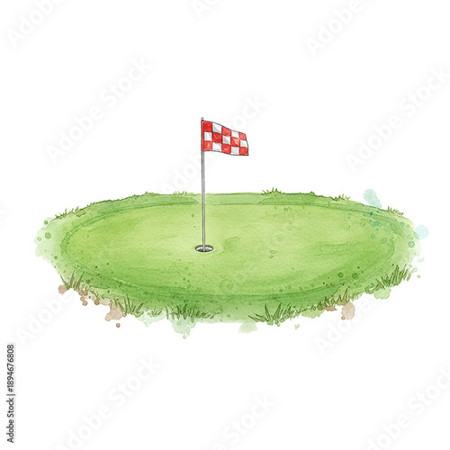A watercolor illustration of a golf putting green with a red and white checkered flag in a hole