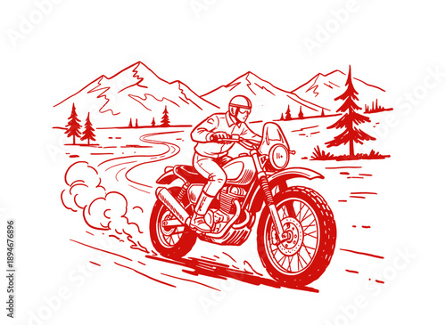 Motorcycle print design for t-shirt and apparel. Adventure touring enduro bike artwork. Vintage hand drawn motorbike illustration. Speed dirt track ra