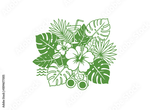 Summer good vibes vector graphic design for poster. Happy holiday. Welcome to tropical paradise design. Palm tree and hibiscus sketch. Beach party res