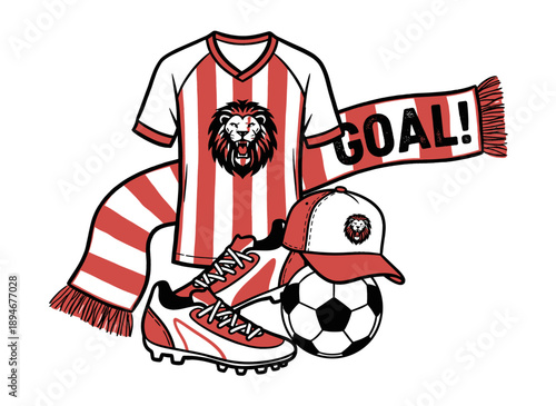 Football fan gear artwork design. Soccer team apparel illustration. Lion mascot logo concept. Soccer artwork for t shirt, posters. Goal celebration de