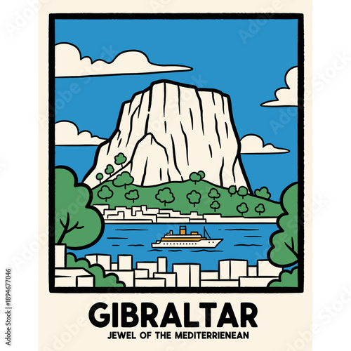 Gibraltar travel poster vintage artwork. Rock of Gibraltar landscape illustration. Mediterranean resort graphic design. Travel destination artwork for