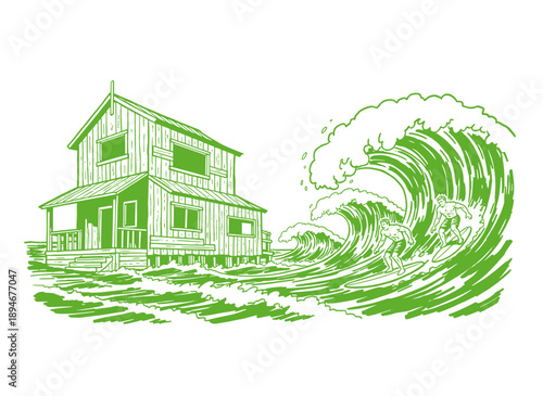 Sticker Beach house and big wave surfing artwork