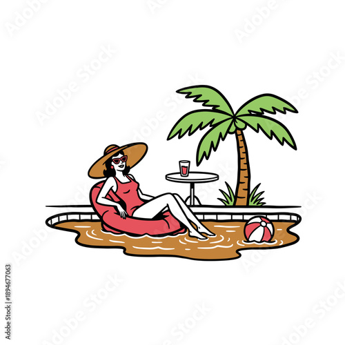 Summer pool party graphic design. Woman relaxing in swimming pool. Happy holiday vacation artwork. Vintage tropical resort illustration. Palm tree bea