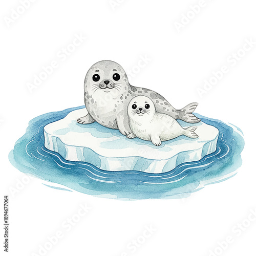 Cute gray seal mother and baby resting happily on an ice floe in blue water watercolor illustration