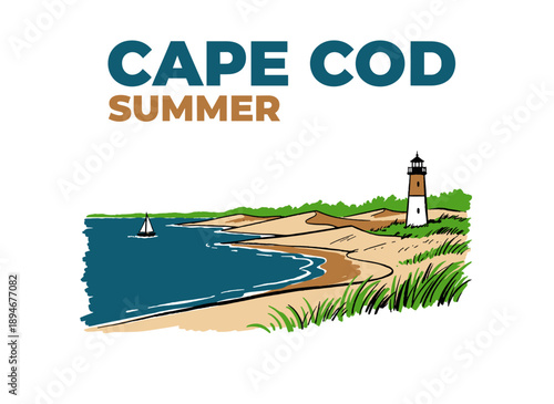 Cape Cod summer holiday resort design. Lighthouse beach vector graphic print. Coastal Massachusetts travel illustration. Vintage sailing trip sticker