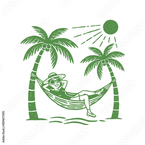 Summer good vibes vintage artwork. Happy holiday paradise design. Woman relaxing in hammock sketch. Palm tree resort graphic print. Tropical vacation