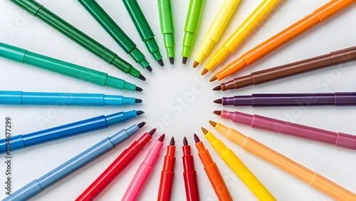 Overhead Shot Of Color Markers Creating Radial Burst Pattern, Celebrating Creativity, Vibrant Design, And The Joyful Energy Of Artistic Expression In A Playful, Organized Composition