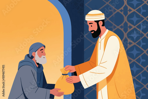 Man giving yellow pouch to elder in Islamic setting with geometric wall and arched doorway, symbolizing charity and tradition.