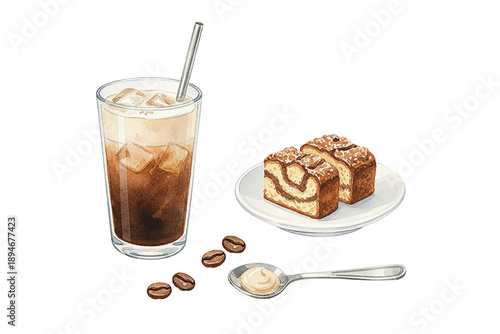 Iced coffee and marble cake with coffee beans and cream spoon watercolor illustration