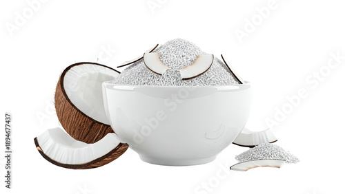 Coconut flakes and pieces with a whole coconut half
