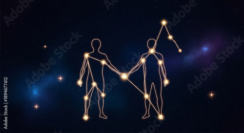 Gemini constellation twins holding hands in space.
