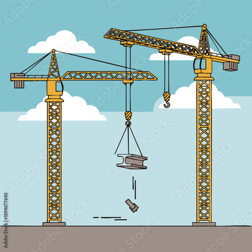Construction site with cranes lifting heavy steel beams