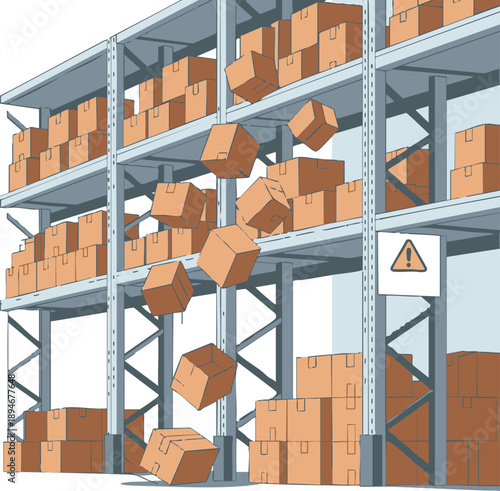 Warehouse shelving with falling boxes danger falling load