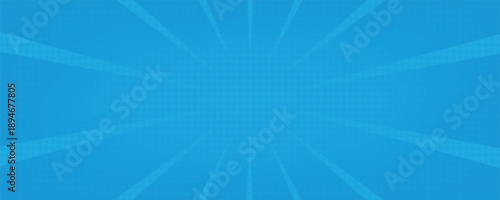 Comic background. Pop art texture. Starburst cartoon style. Anime design with explosion effect for print. Fun dot pattern. Blue backdrop with halftone gradient.