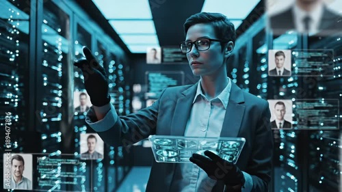 Woman security specialist uses holographic interface for facial recognition in data center with server racks. Expert examines biometric identification system. Analyst works with holographic tablet.