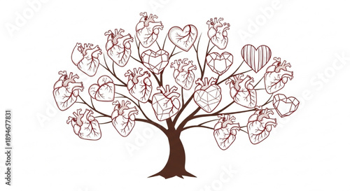 Growing tree with various anatomic heart fruits.