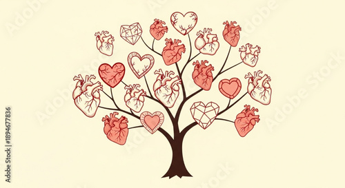 Growing tree with various anatomic heart fruits.