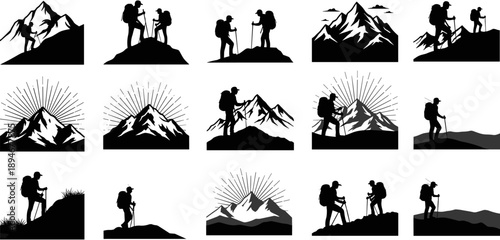 Black and white silhouette vector set of mountain climbers, hikers with backpacks, trekking adventure icons, outdoor nature peak exploration and travel.