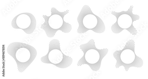 Circular sound visualization with radial wave line pattern vector set. Abstract audio spectrum ring geometric burst shape. Graphics of music equalizers concentric line elements for contemporary design