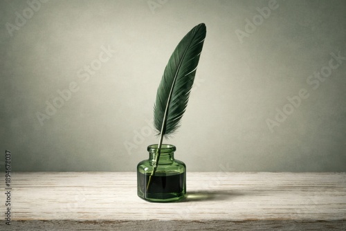Inkwell and Feather: A single, elegant green feather rests serenely in an inkwell, evoking thoughts of creative writing and artistic pursuits, on a backdrop of rustic charm and timeless elegance.